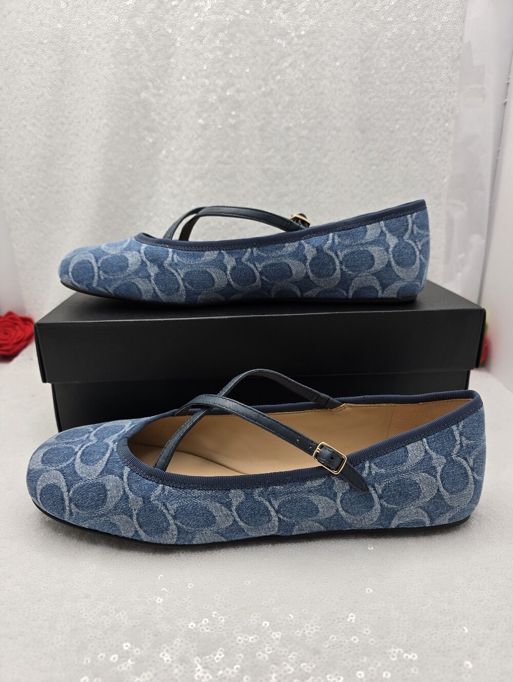 Coach Phoebe Signature Denim Ballet Flsts Cris-cross Leather Flats Women's 10 - Picture 2 of 11